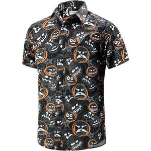 ENVMENST Mens Shirt XXL Black Casual Button Up Pumpkin Halloween Spider Webs